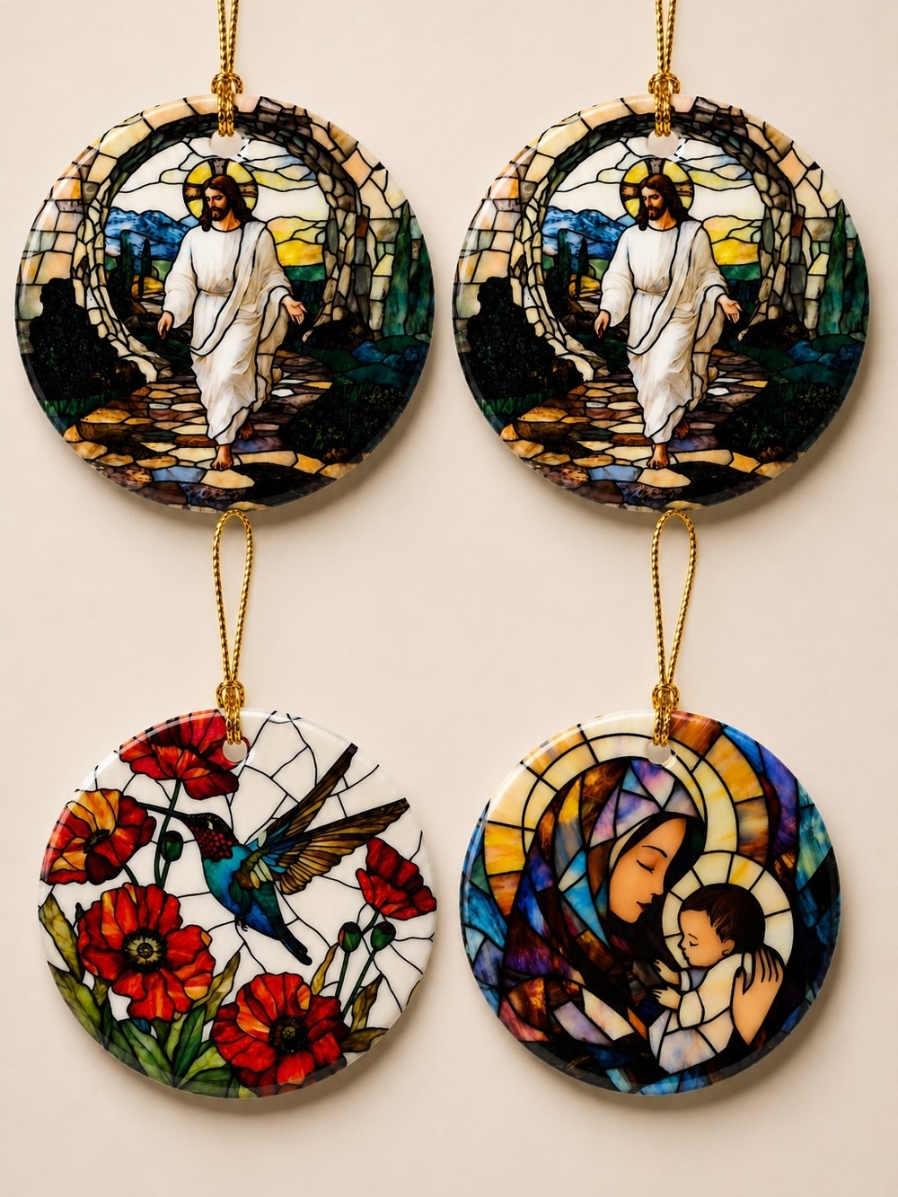 Stained Glass-Style Religious & Floral Ornament Set - Multi
